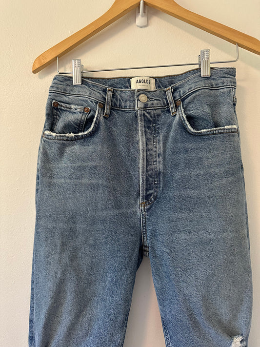 Agolde Riley Distressed Blue Skinny Stretch High Rise Jeans | Size 28