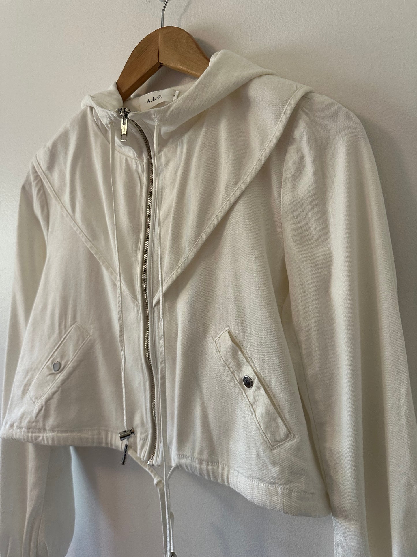 A.L.C. Cropped Zip Up Utility Jacket with Hood in White | Size 6