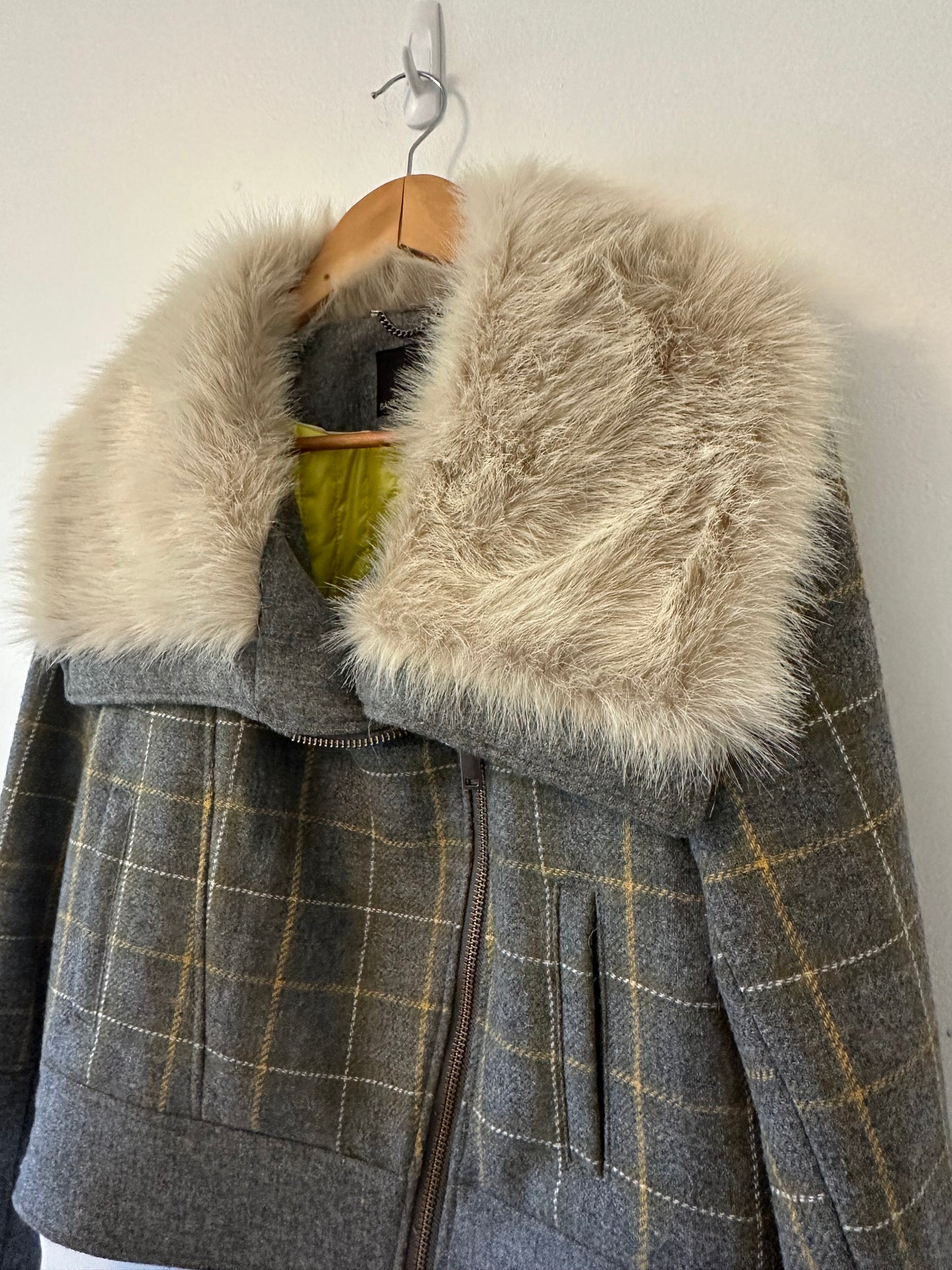 Banana Republic Faux Fur Gray and Yellow Plaid Moto Jacket | Size Small Petite
