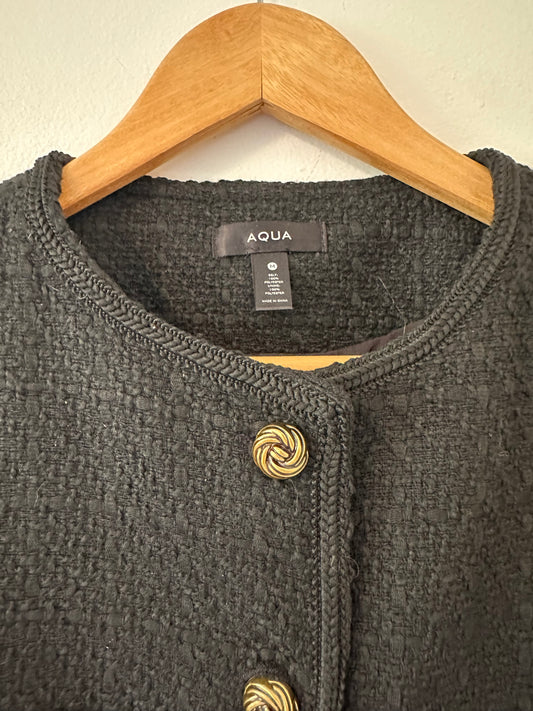 Aqua Black Tweed Textured Blazer Jacket with Gold Buttons | Size Medium