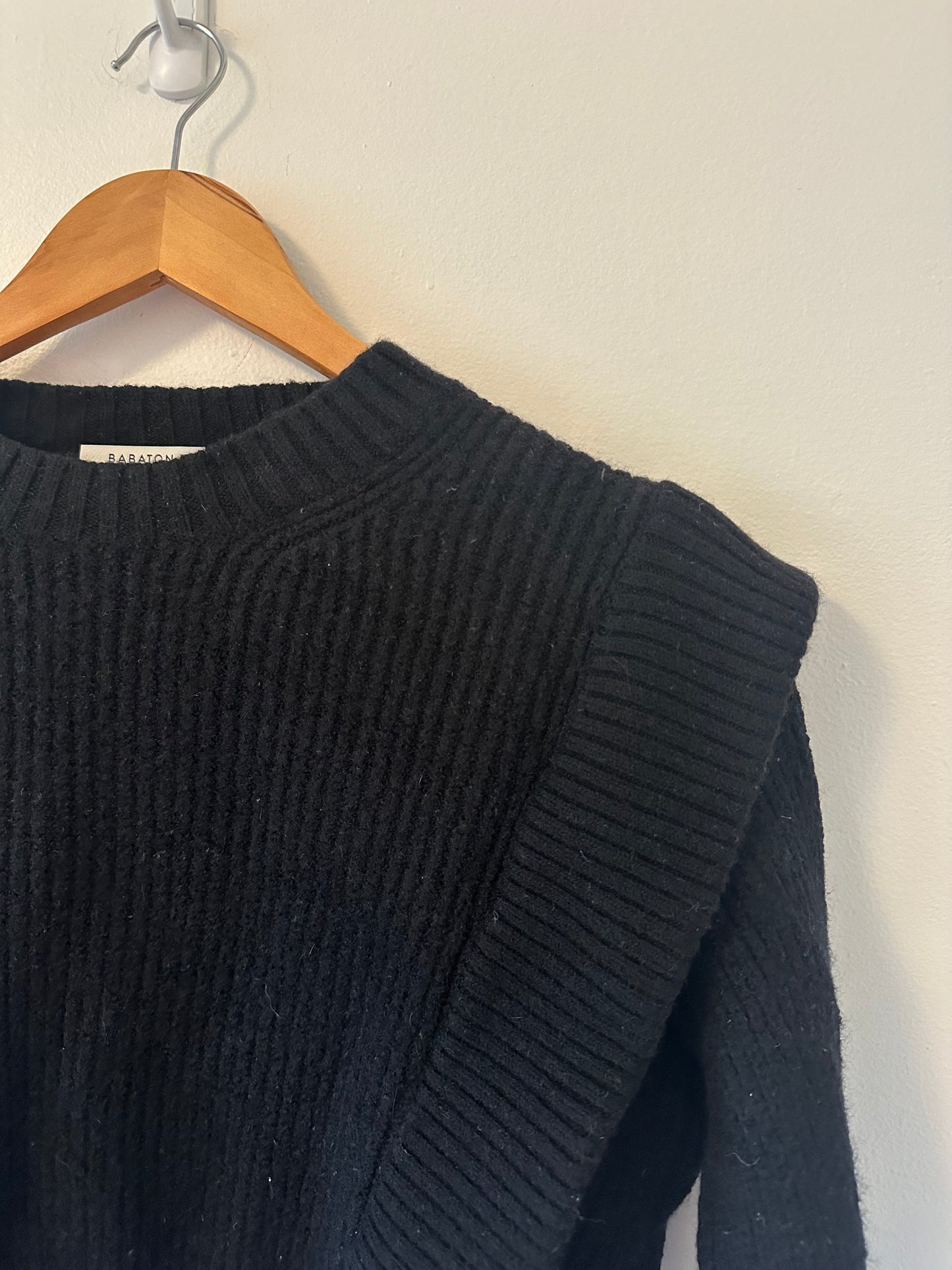 Babaton Black Ribbed Structured Cropped Merino Wool Sweater - Size Small