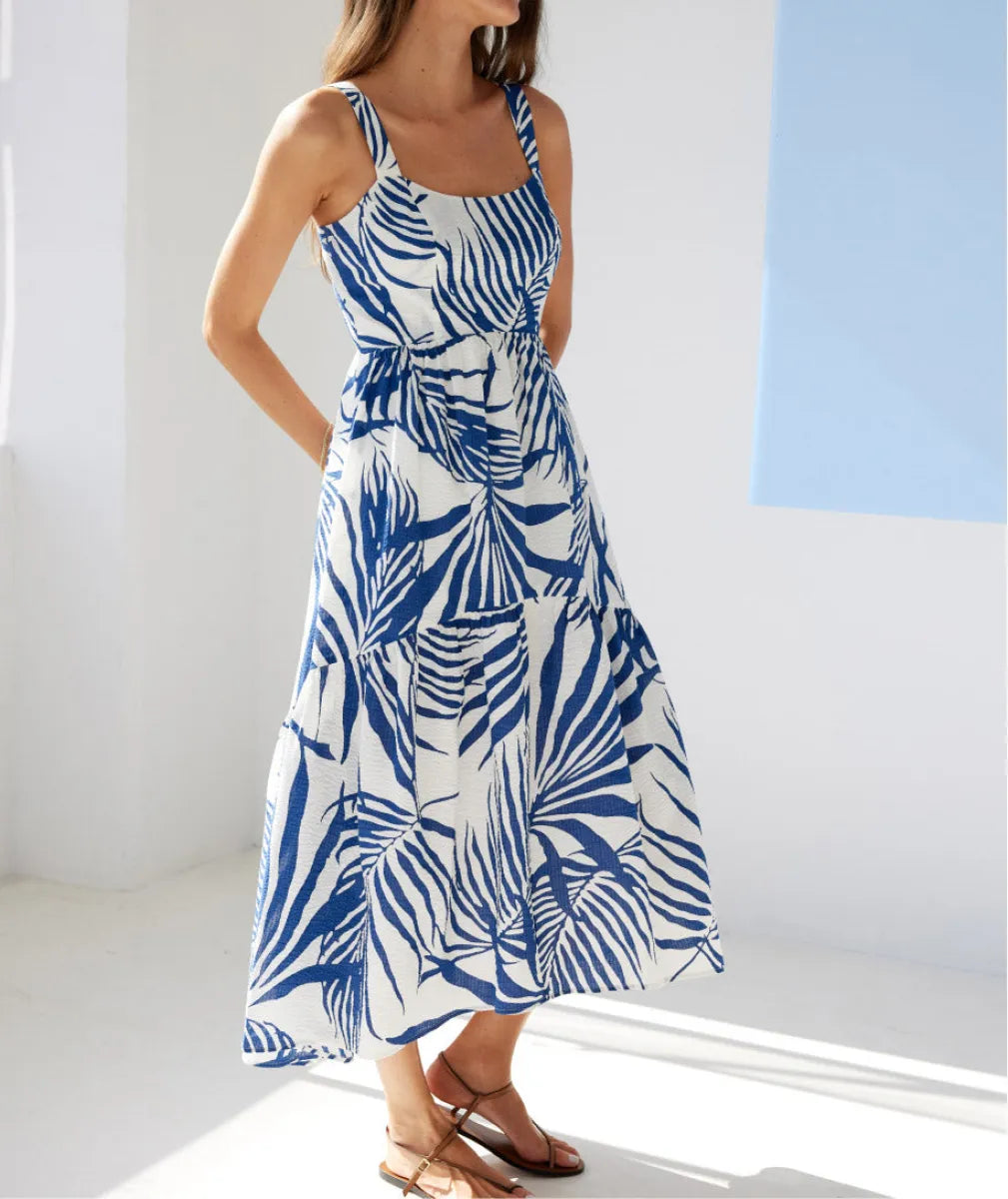 AYR The Magic Moment Dress in Blue Palm Print - Size Medium