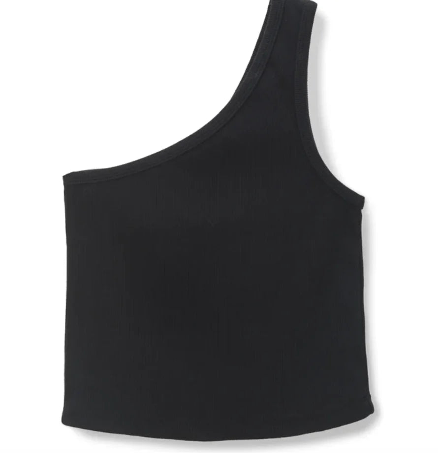 perfectwhitetee Call Me One Shoulder Structured Rib Tank in Black | Size Medium