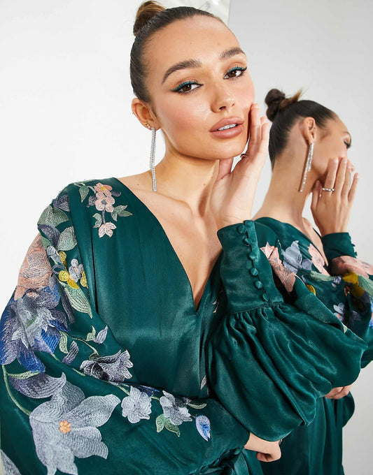 ASOS EDITION Satin Belted Dress with Floral Embroidery in Green - Size 6