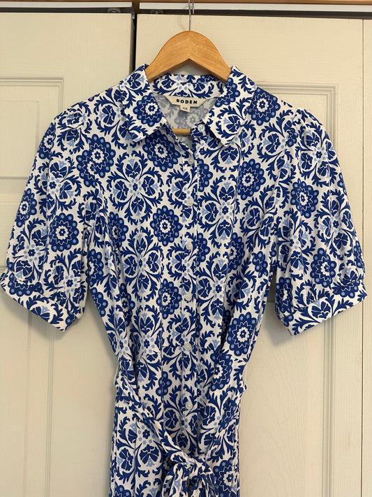 Boden Blue and White Floral Button Down Shirt Dress - Size 10