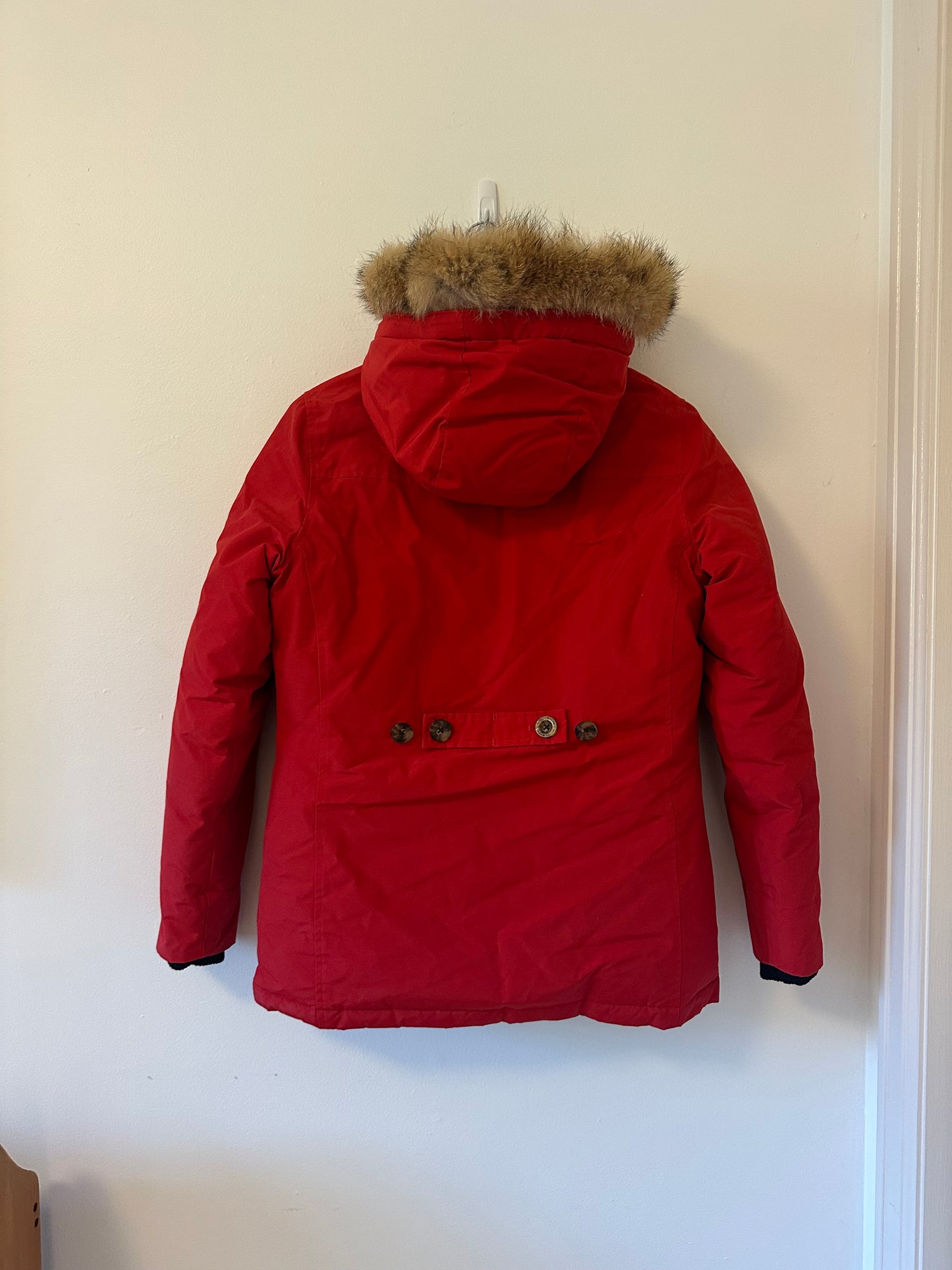 Woolrich Arctic Red Hooded Parka with Coyote Fur Trim | Size XS