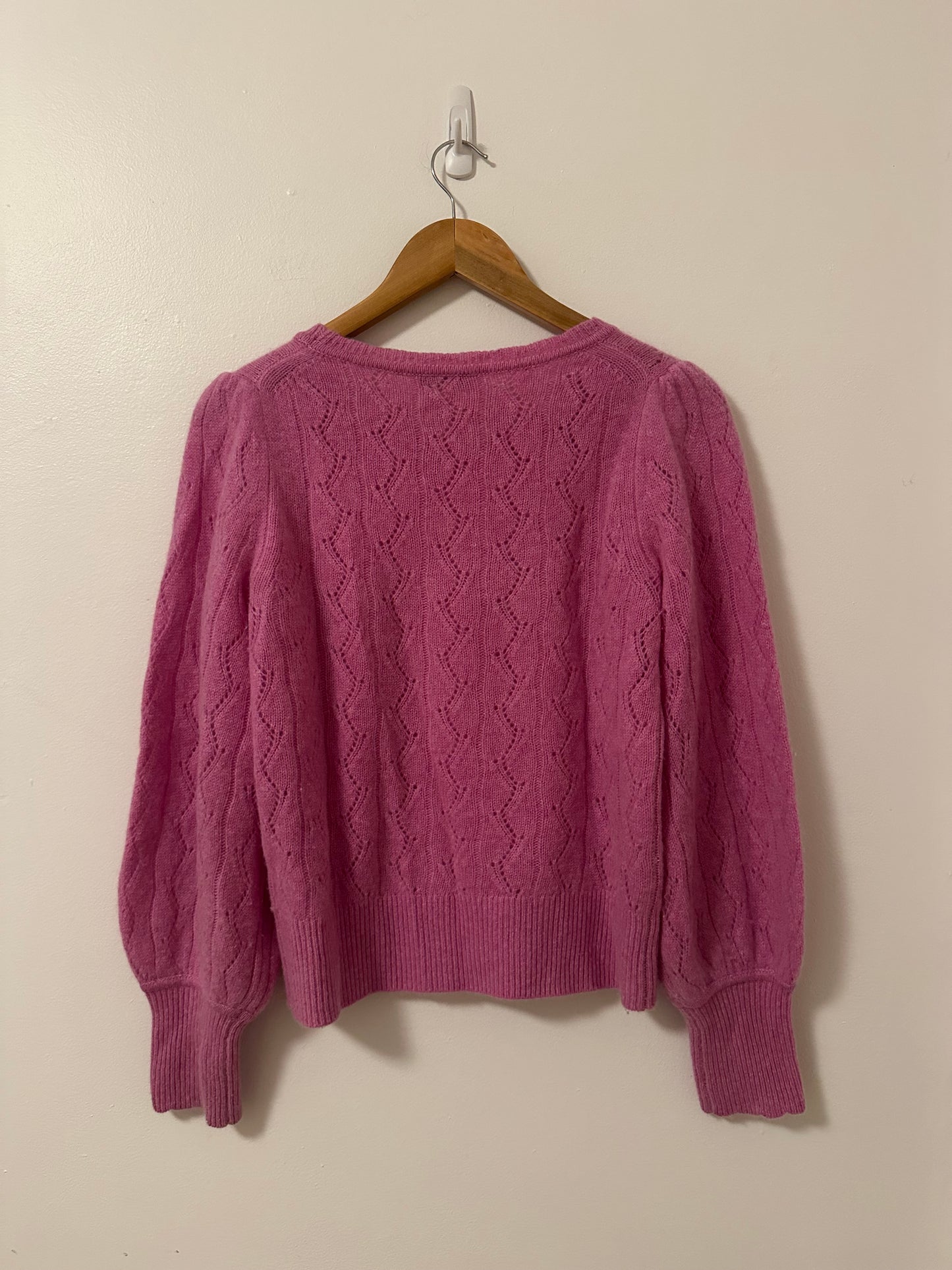 White + Warren Cashmere Pointelle Puff Sleeve Sweater in Berry Pink | Size Small