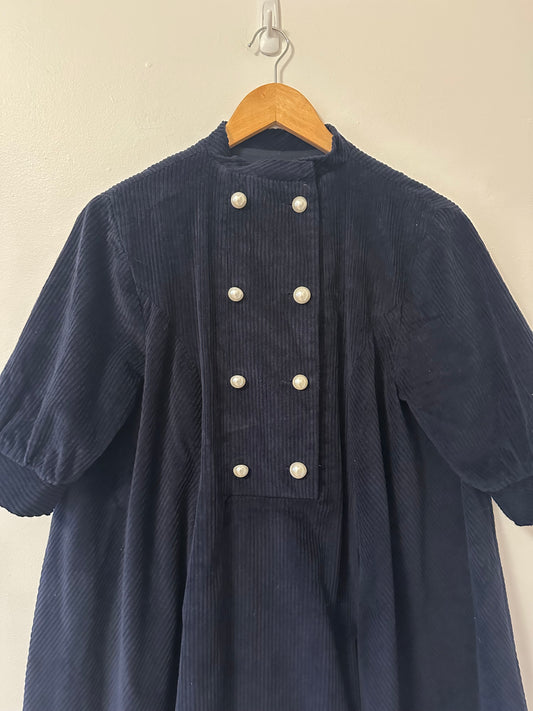 Batsheva Beray Corduroy Coat Double Breasted Mini Dress in Navy | Size XS