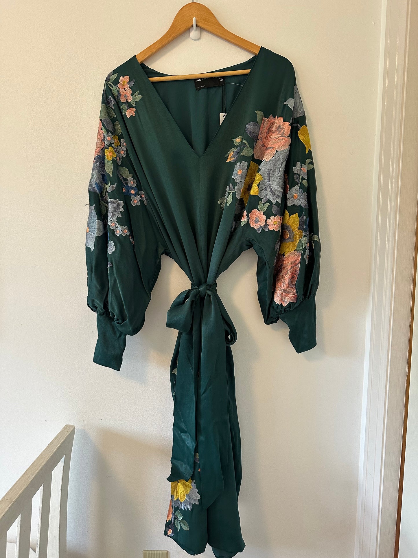 ASOS EDITION Satin Belted Dress with Floral Embroidery in Green - Size 6