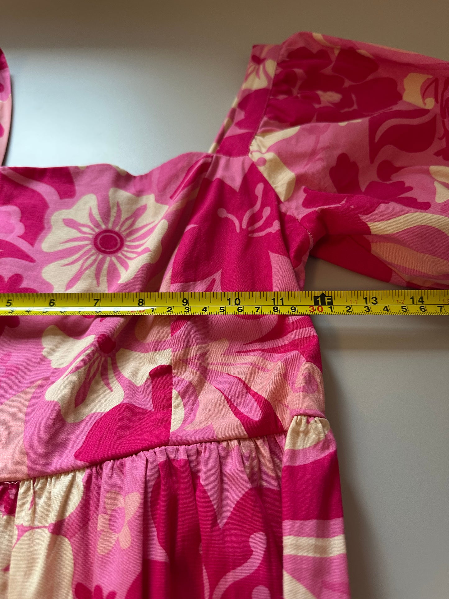 Crystal Sky - Pink Floral Midi Puff Sleeve Ruffle Cotton Midi Dress | Size XS