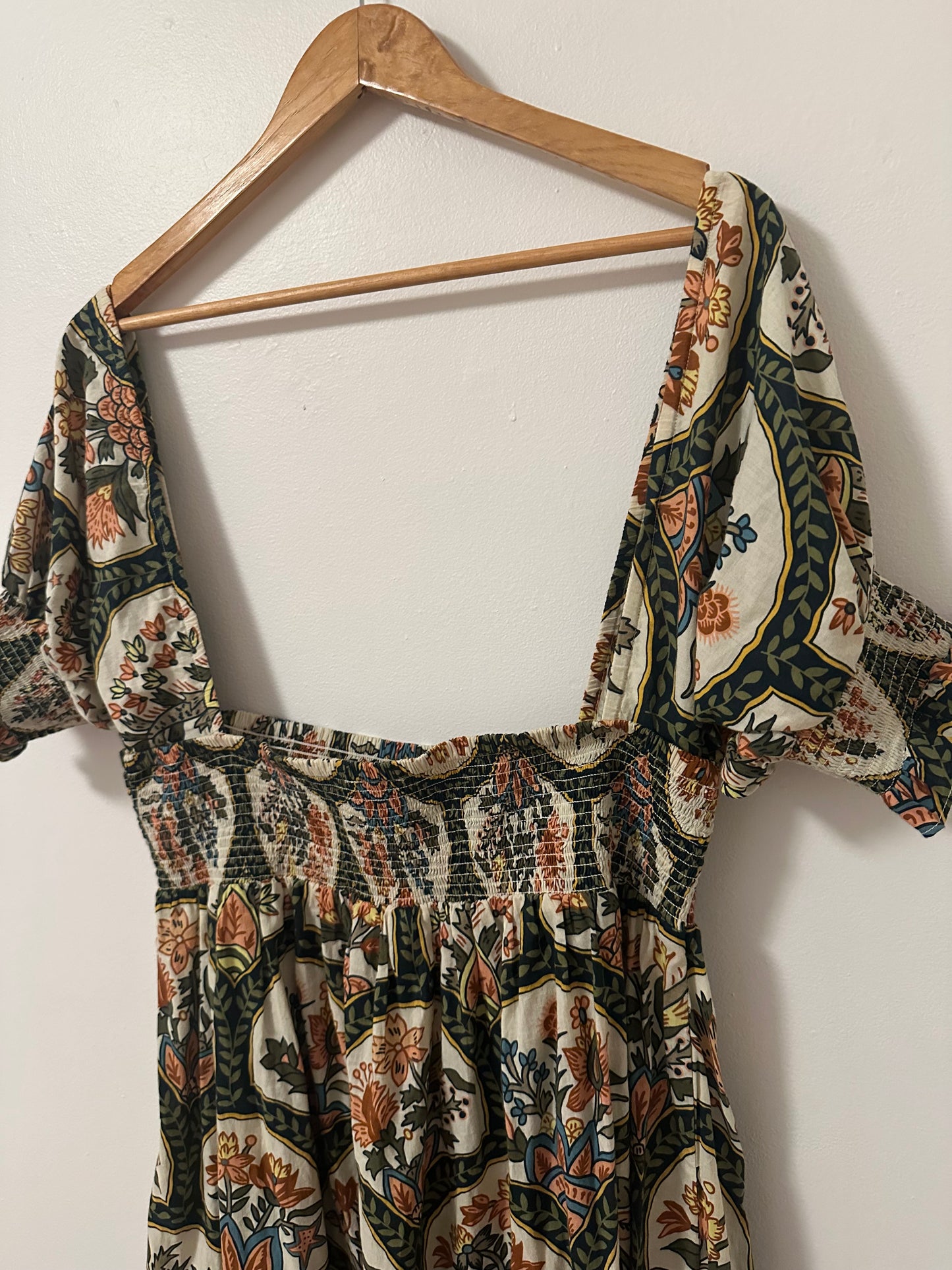 RHODE Resort Smocked Maxi Dress With Puff Sleeves in Mushroom Print | Size Small