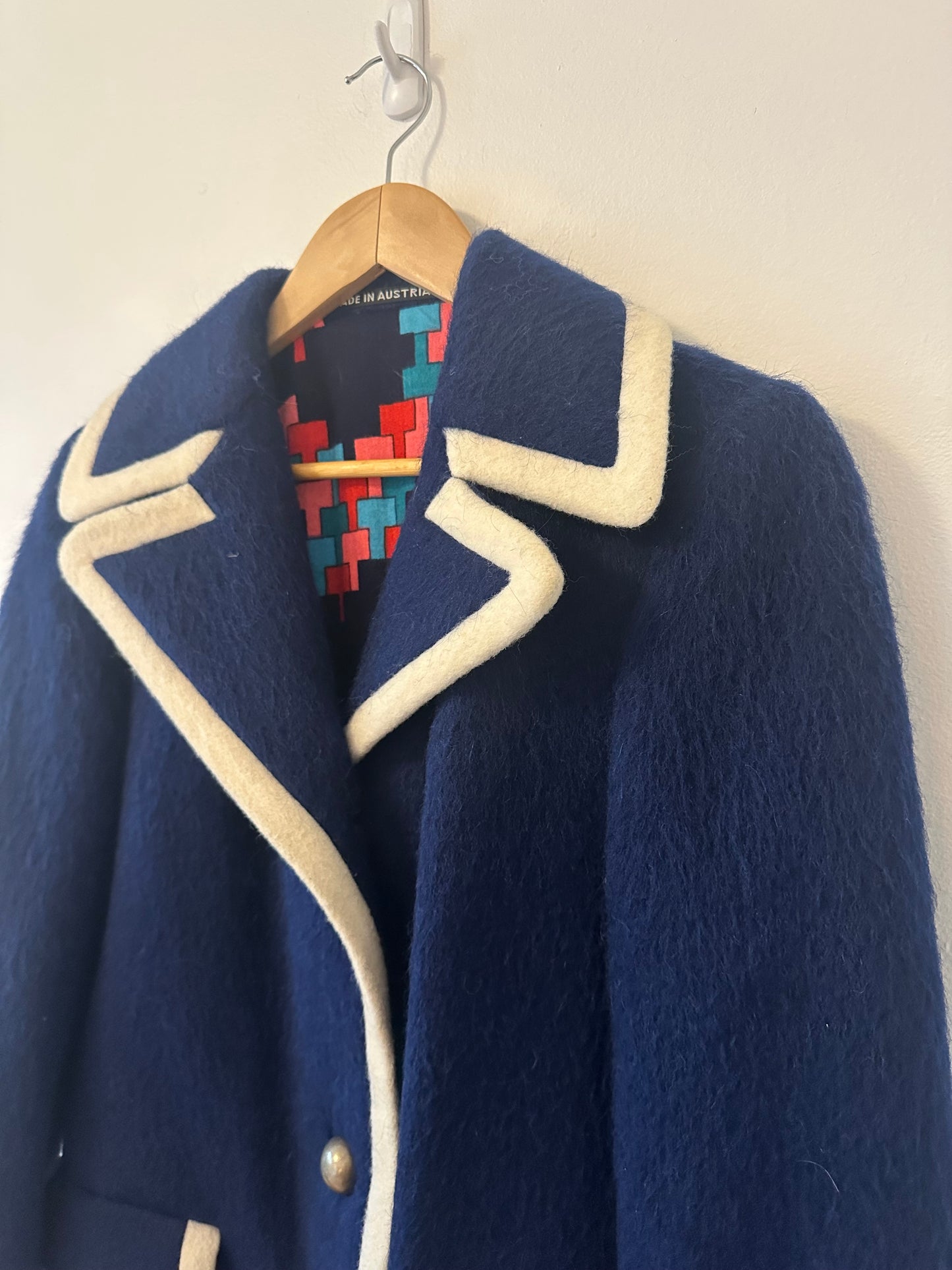 Lodenfrey Vintage Blue Wool Coat with Cream Trim