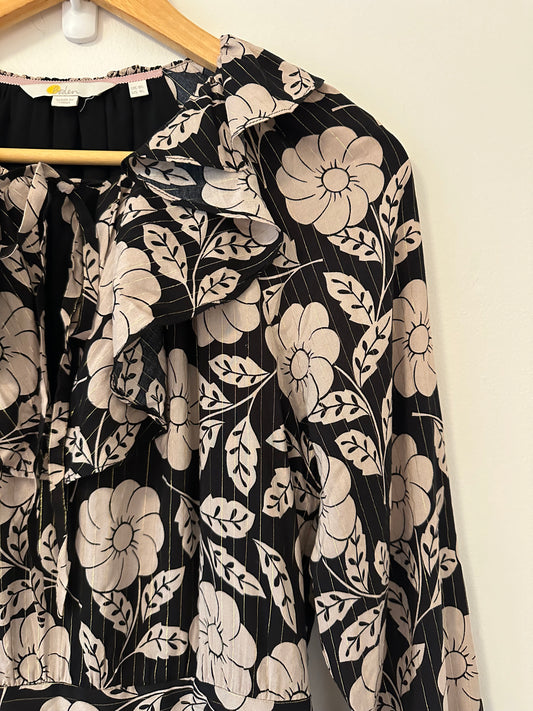 Boden Ruffle Neck Long Sleeve Dress in Black and Tan | Size 4L