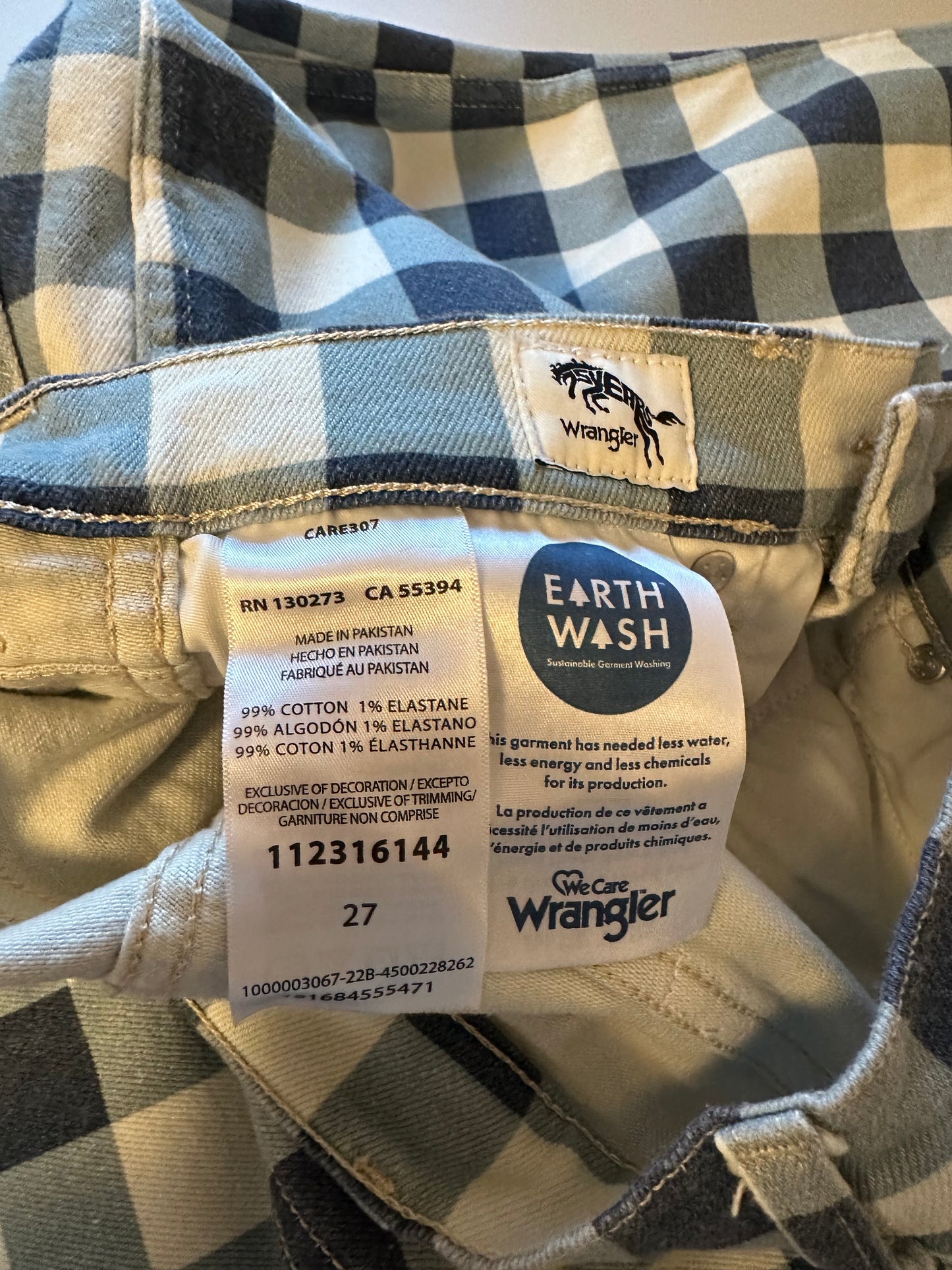 Wrangler - Wrock Gingham Kick Flare Blue and White Denim Jeans | Size 27