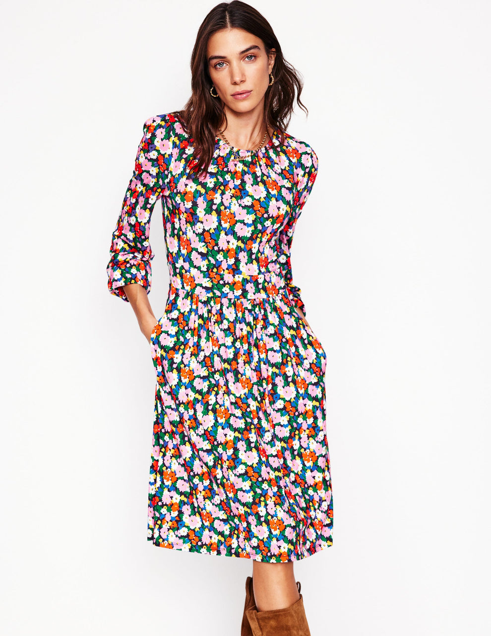 NWT Boden Alexandra Blouson Jersey Dress in Multi, Painterly Meadow - Size 12P
