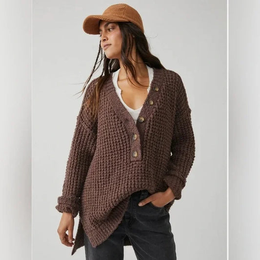 Free People Whistle Thermal Henley Long Sleeve Top - Size XS