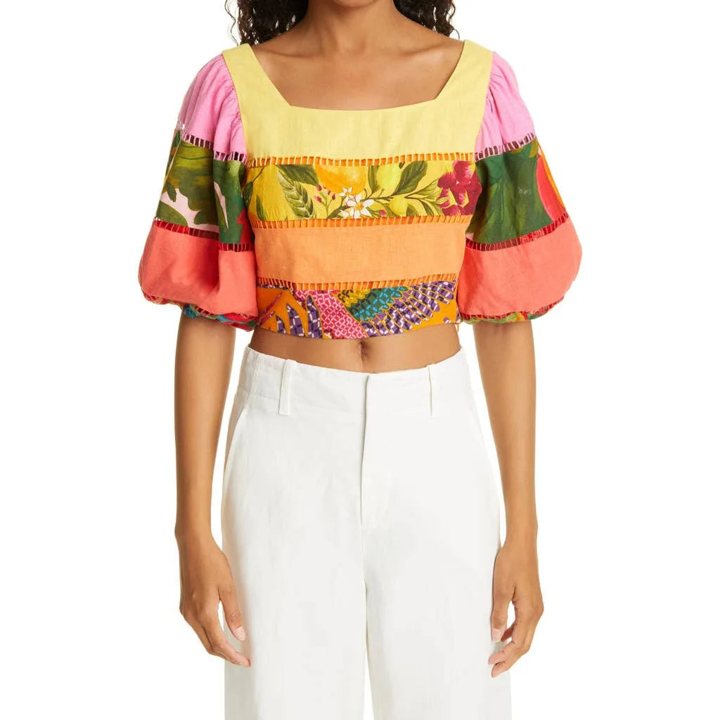 FARM Rio Rainbow Mixed Prints Tiered Linen Blend Top | Size Medium