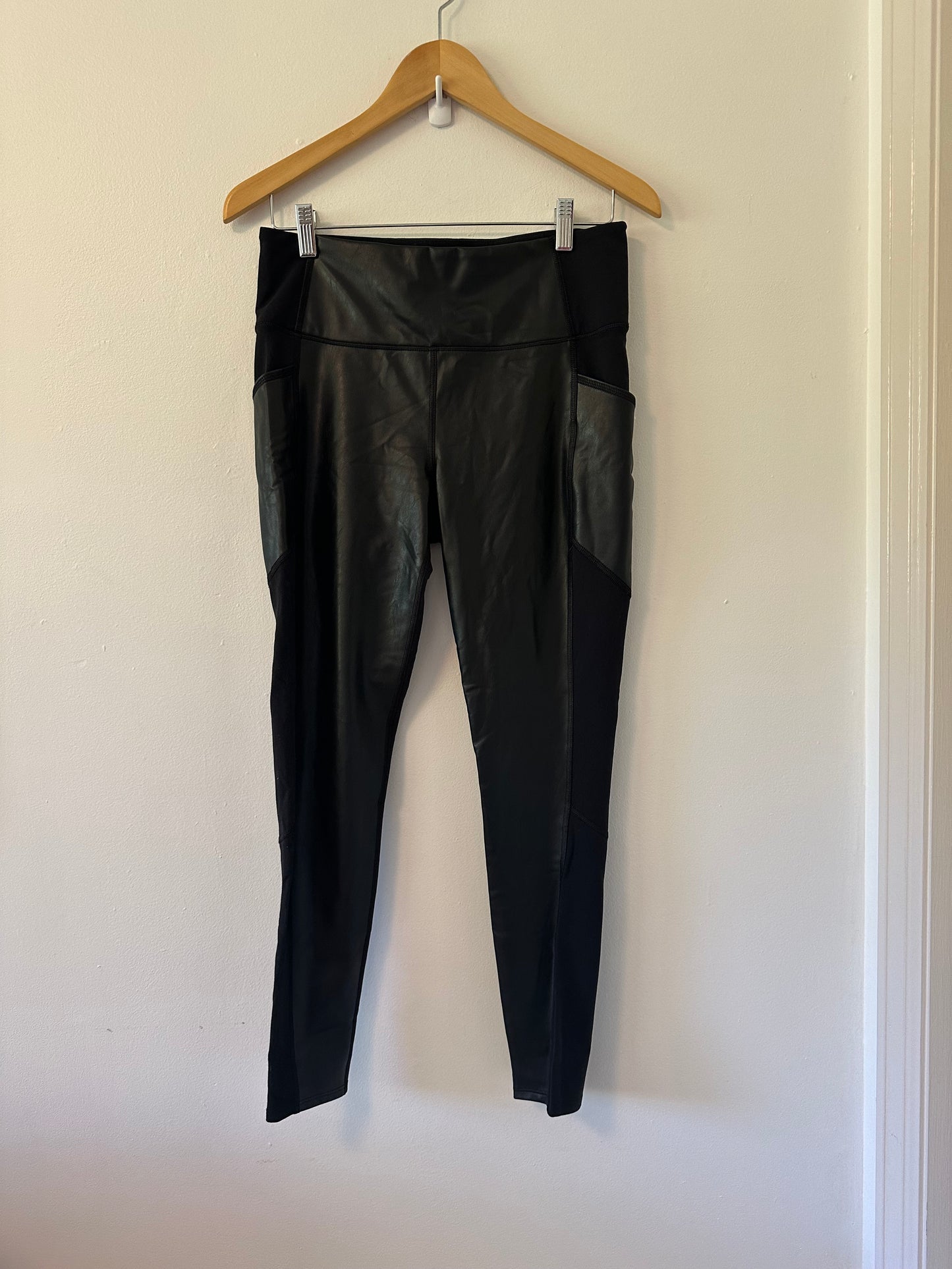 Athleta Black Faux Leather Leggings with Pockets | Size Medium