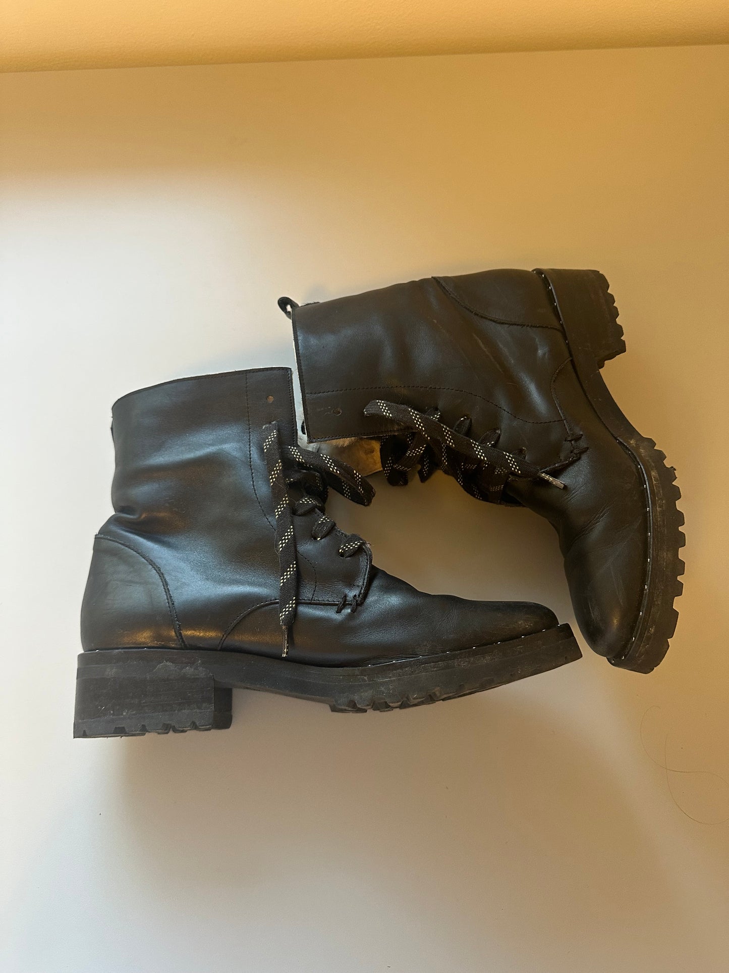 Freda Salvador Black Leather Shearling Lined Lace zip Hiking Combat Boots