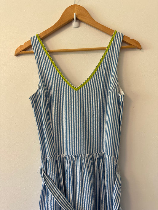 Hatley Seersucker Blue and Green Striped Midi Dress | Size XXS