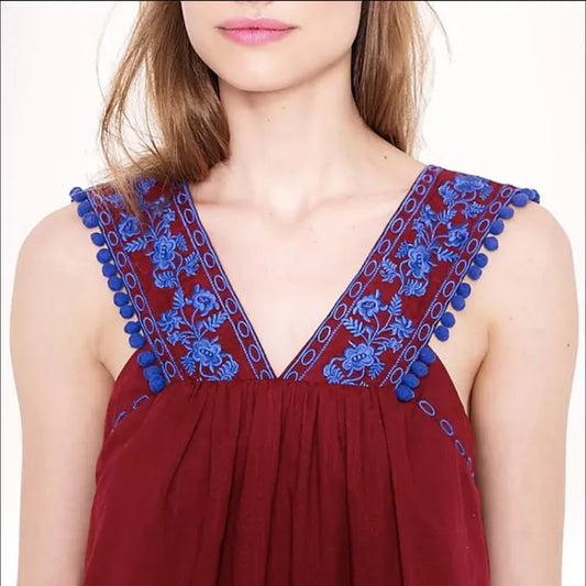 J. Crew Embroidered Burgundy Pom Pom Sleeveless Tank Top - Size 2