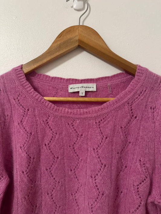 White + Warren Cashmere Pointelle Puff Sleeve Sweater in Berry Pink | Size Small