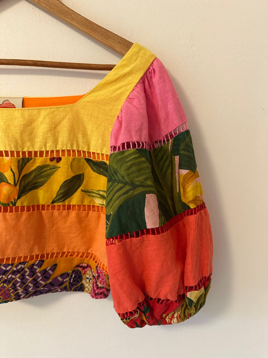 FARM Rio Rainbow Mixed Prints Tiered Linen Blend Top | Size Medium
