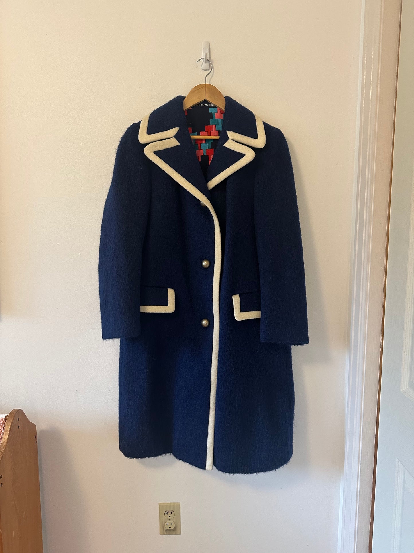 Lodenfrey Vintage Blue Wool Coat with Cream Trim
