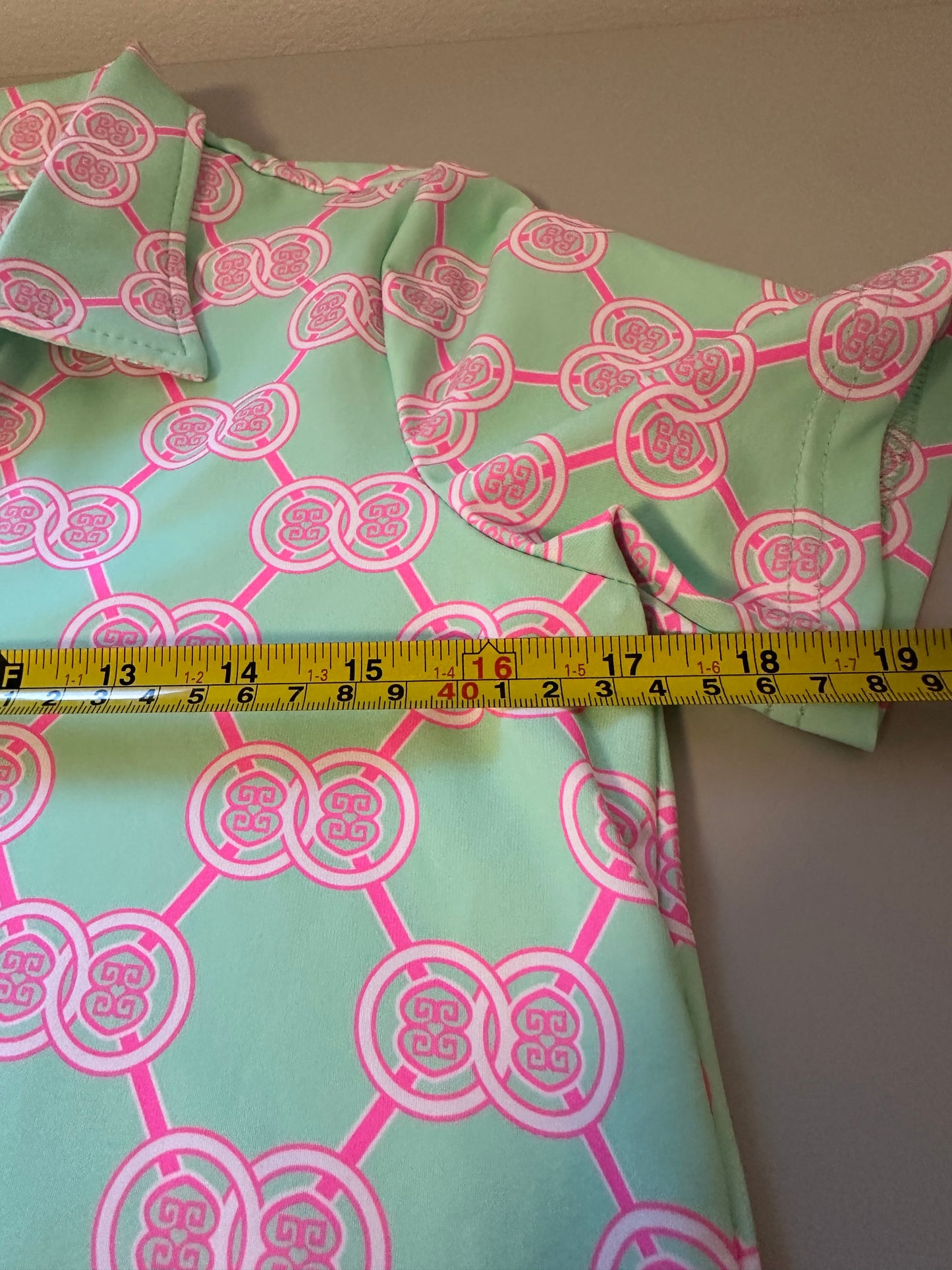 Lulu-B - Green and Pink Geometric Stretchy Polo Shirt | Size XS