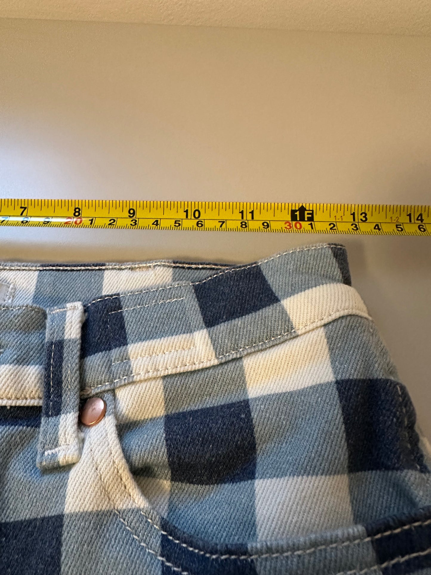 Wrangler - Wrock Gingham Kick Flare Blue and White Denim Jeans | Size 27