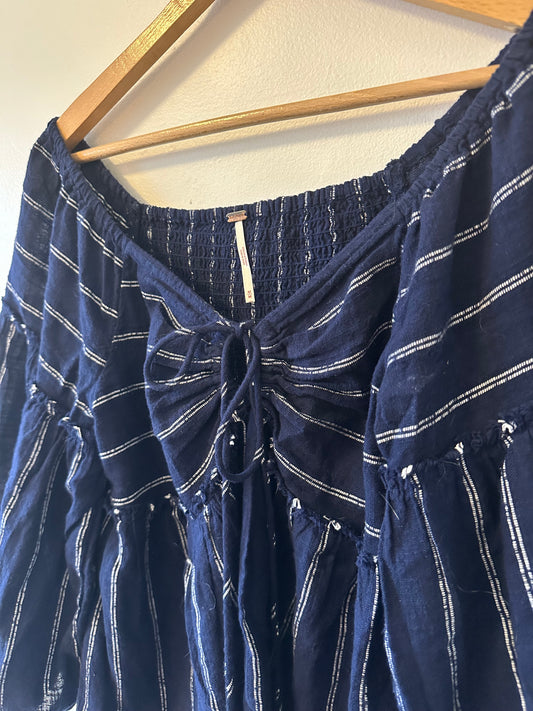 Free People Blue and White Stripe Peasant Blouse Size M
