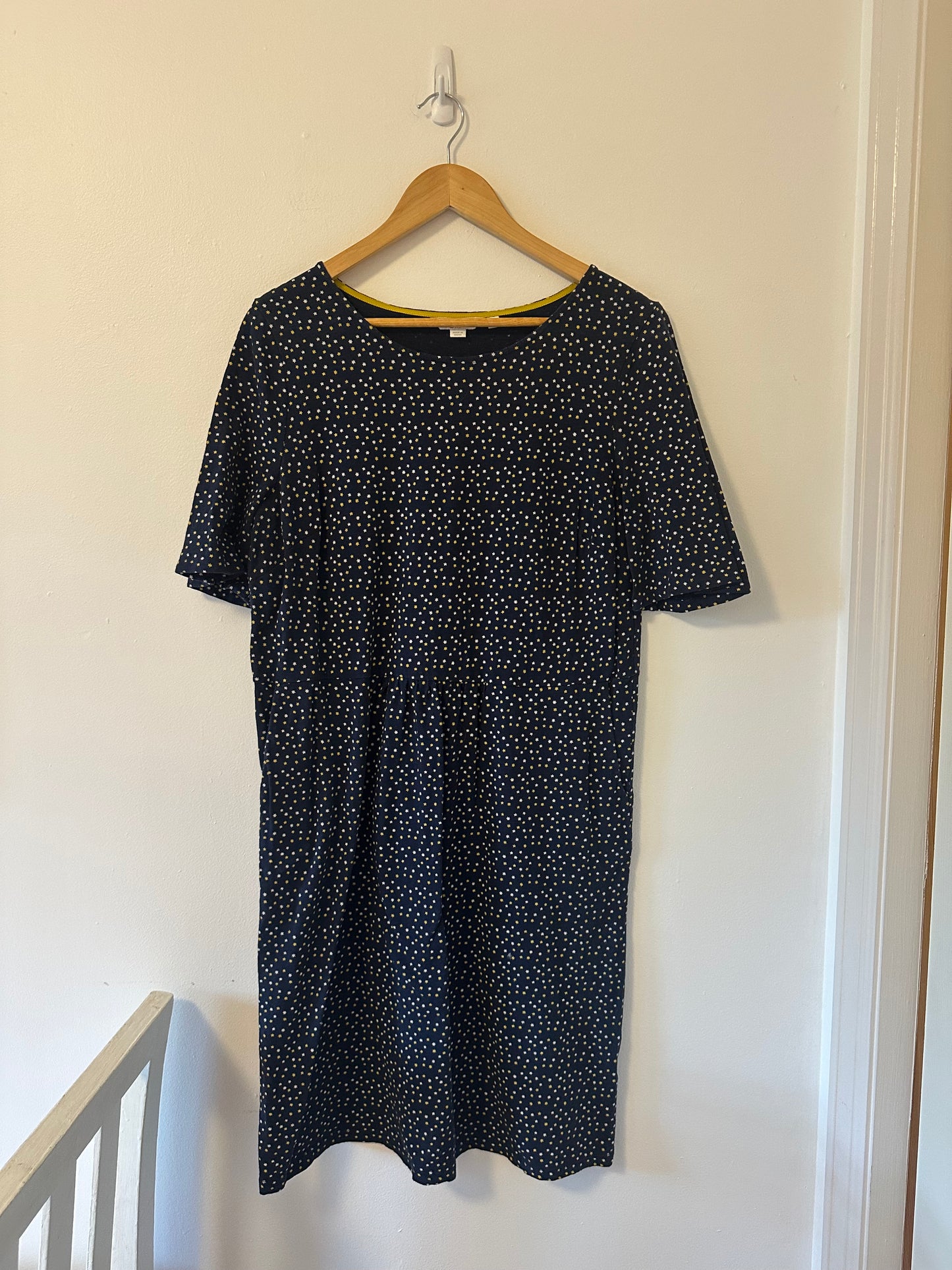Boden Navy T-Shirt Dress with Yellow and White Star Print - Size 12