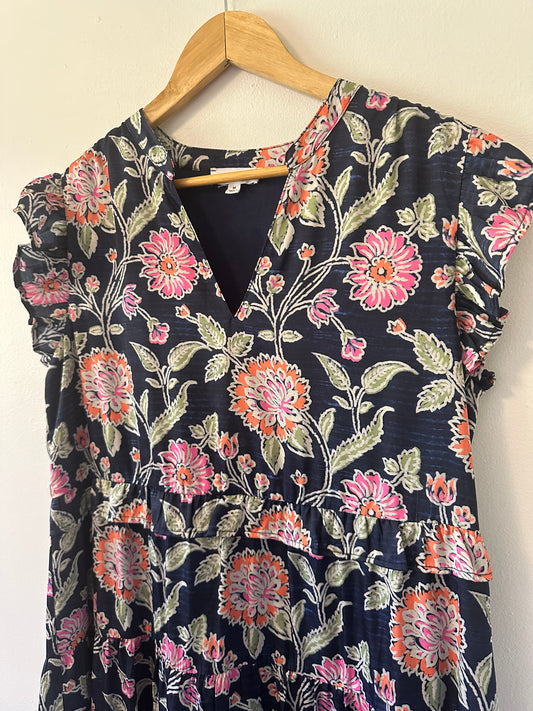 THML Navy Floral Ruffle V-Neck Mini Dress | Size Medium