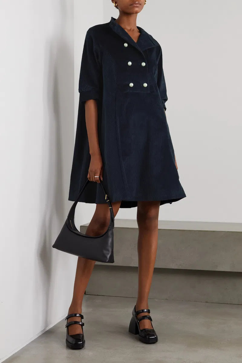 Batsheva Beray Corduroy Coat Double Breasted Mini Dress in Navy | Size XS