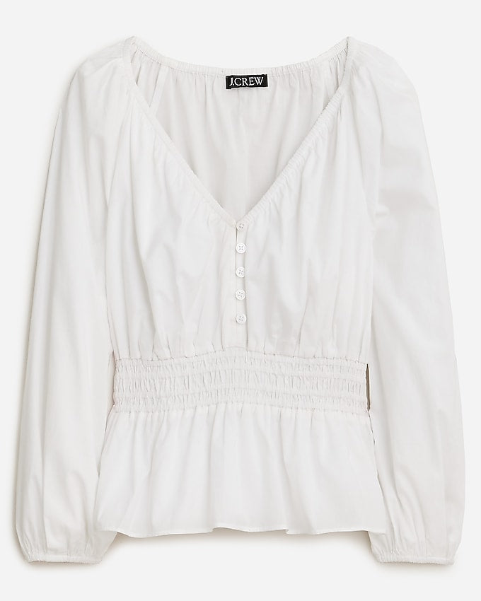 J. Crew V-Neck Cotton Blouse with Smocked Waist in White | Size Small