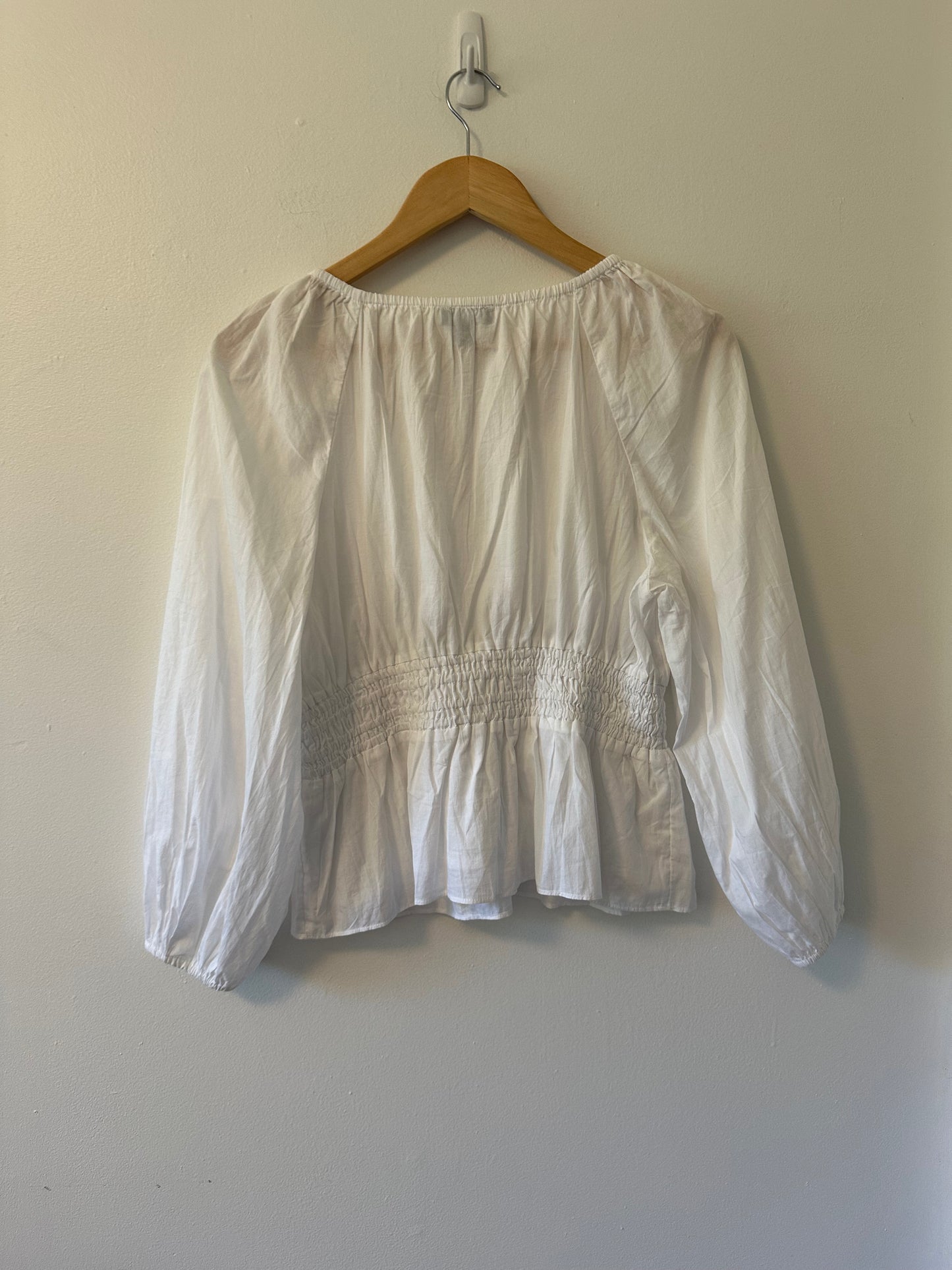 J. Crew V-Neck Cotton Blouse with Smocked Waist in White | Size Small