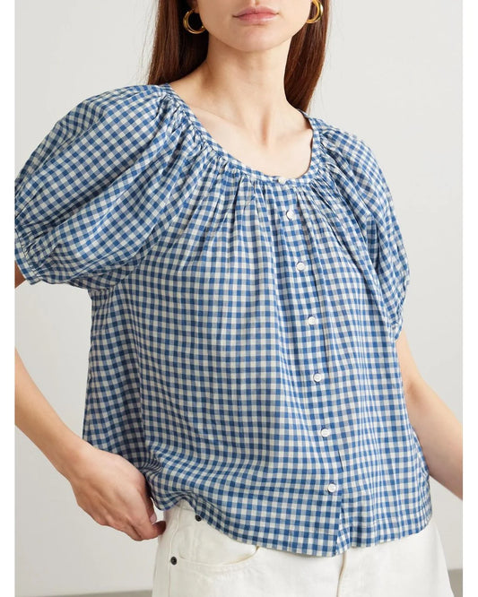 Doen June Gathered Gingham Organic Cotton Blouse - Size Small