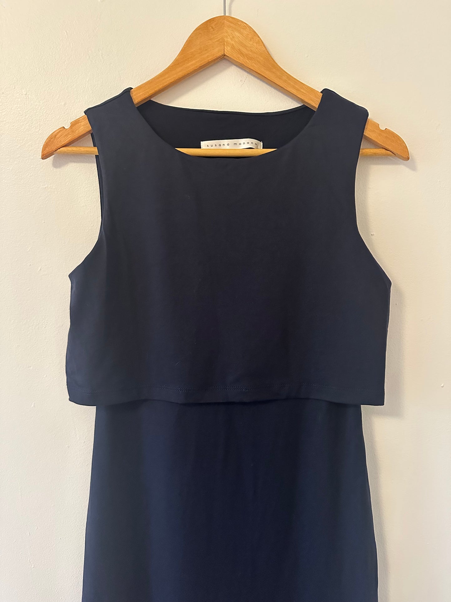 Susana Monaco Sleeveless Navy Dress with Overlay at The Top - Size Medium
