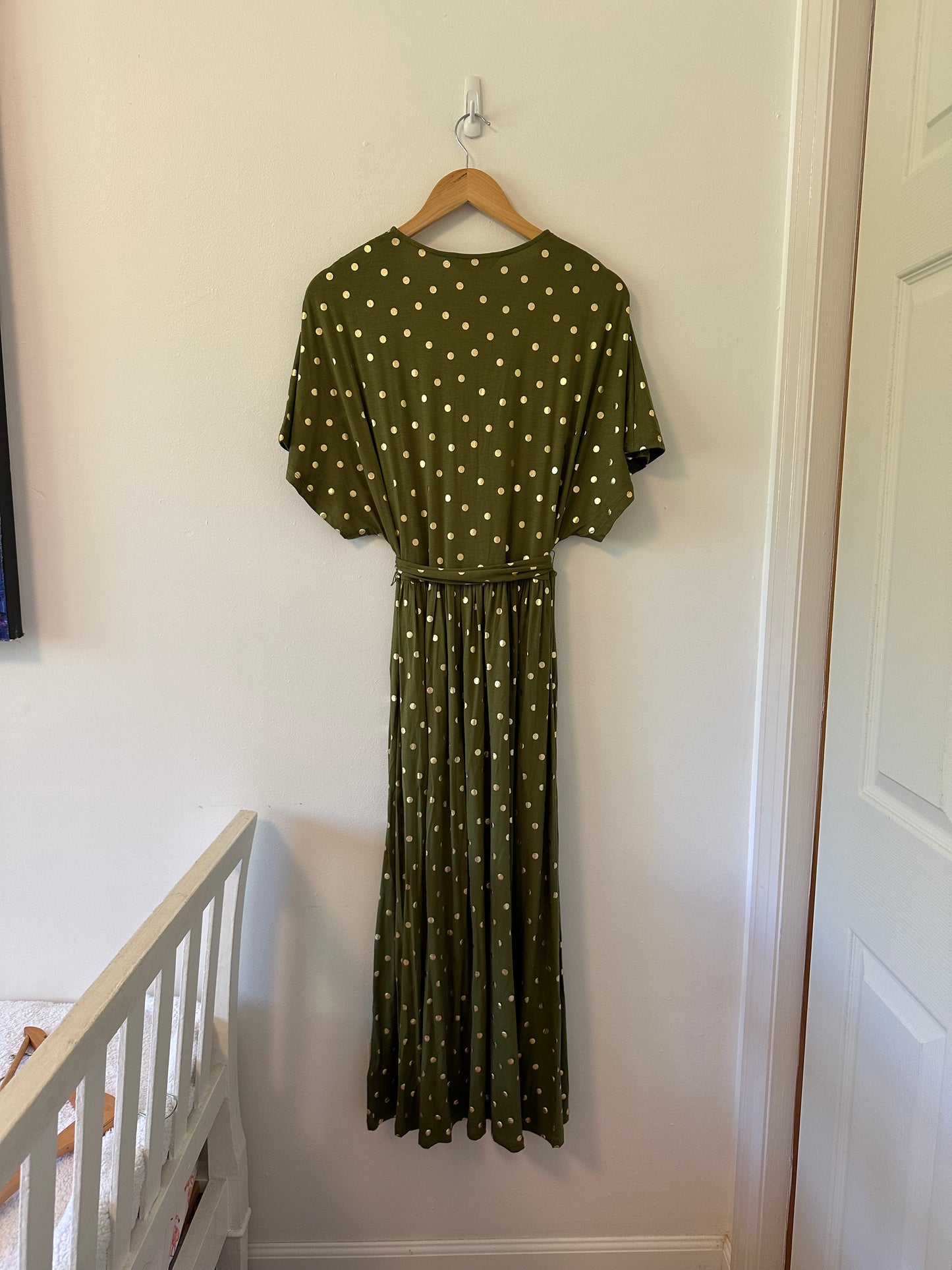 NWT Boden Kimono Wrap Jersey Dress in Green with Gold Polka Dots - Size US 10