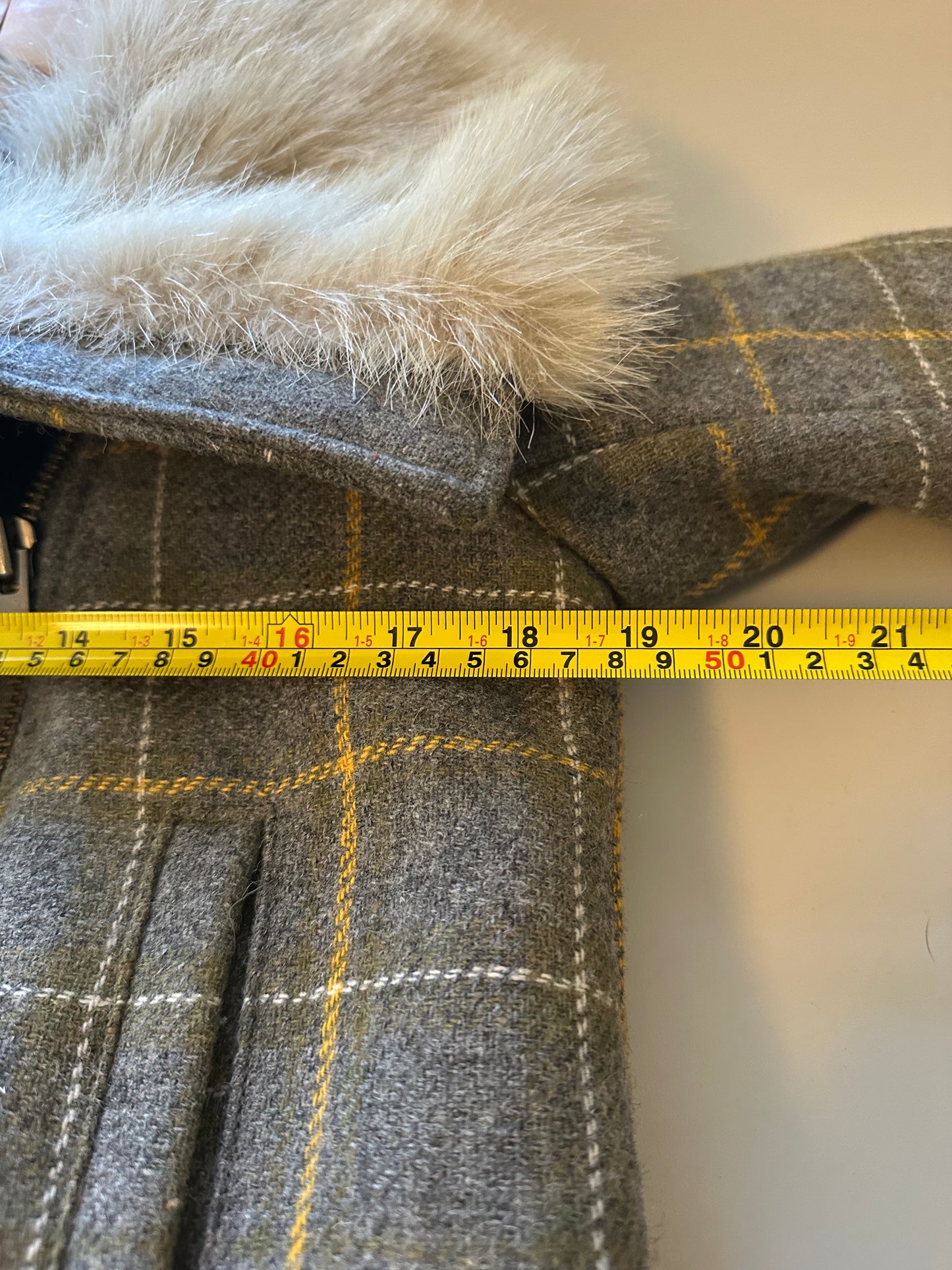 Banana Republic Faux Fur Gray and Yellow Plaid Moto Jacket | Size Small Petite