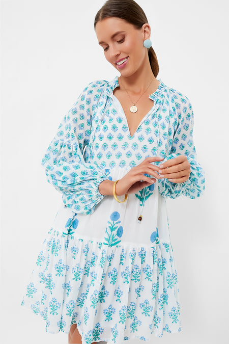 Oliphant Tuckernuck Exclusive Blue Floral Balloon Sleeve Mini Dress Size Small