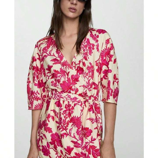 MANGO New Floral Print Pink and Cream Wrap Dress Size Medium