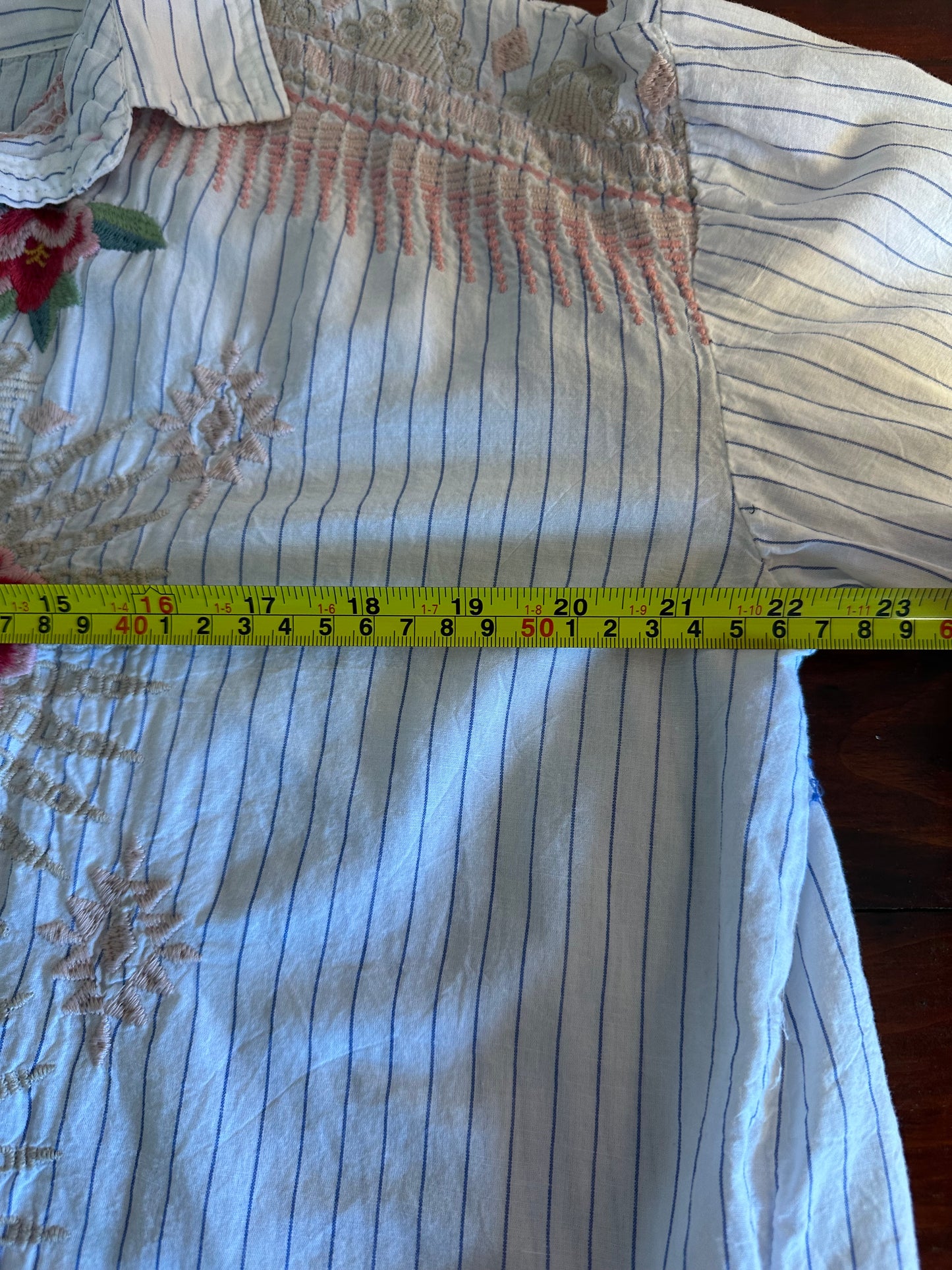 Johnny Was Workshop Striped Floral Embroidered Shirt - Size Medium
