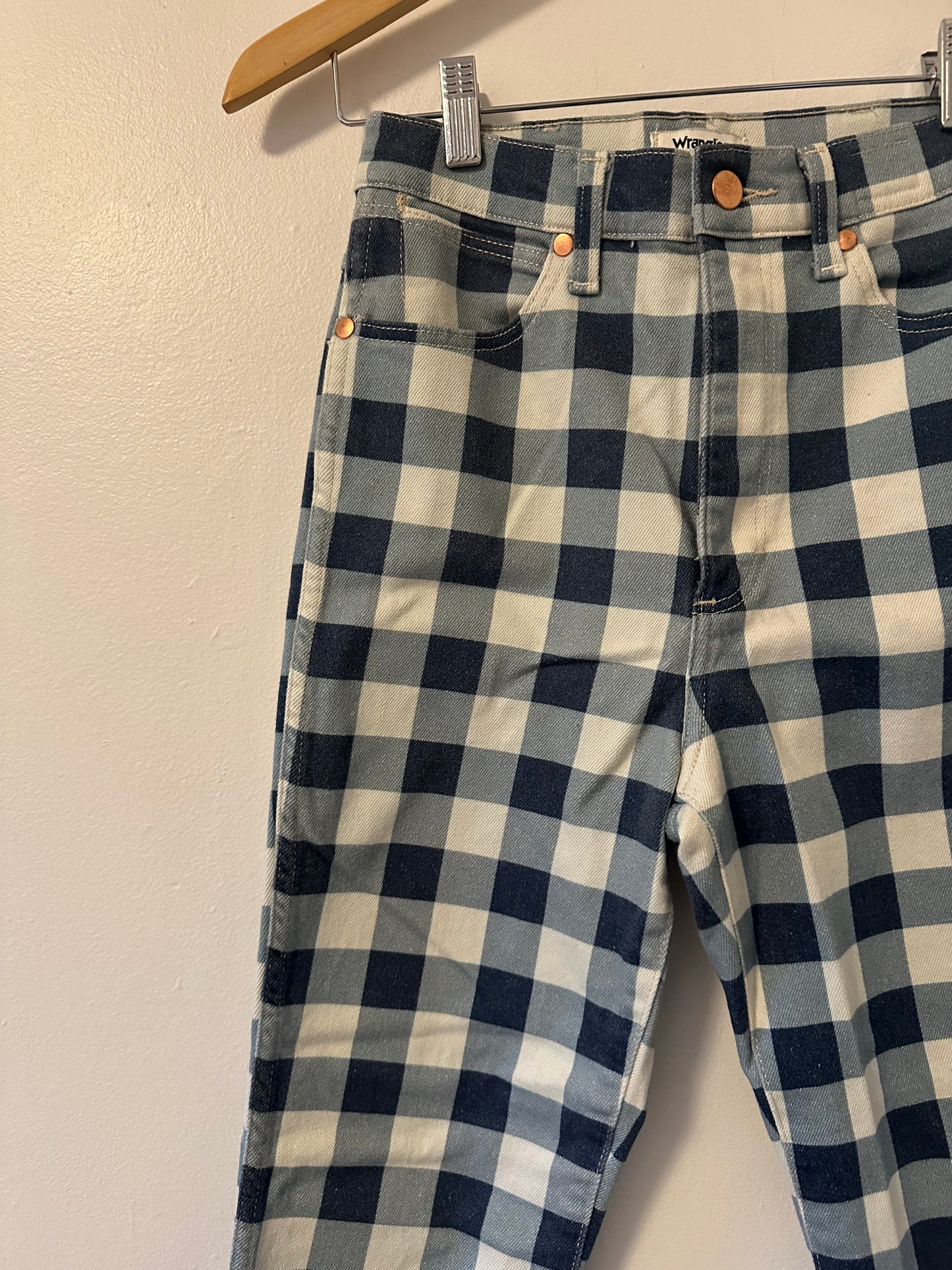Wrangler - Wrock Gingham Kick Flare Blue and White Denim Jeans | Size 27