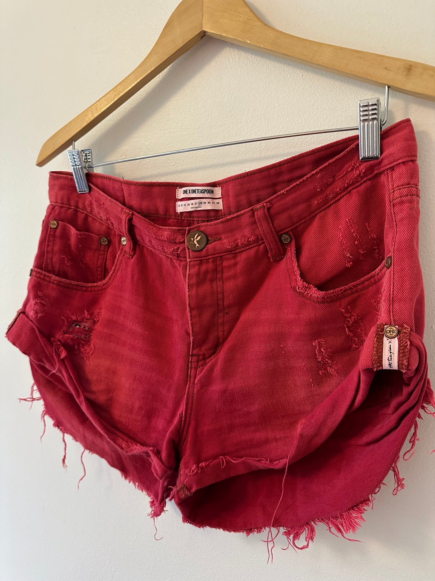 One Teaspoon Red Distressed Bandit Jean Shorts - Size 28