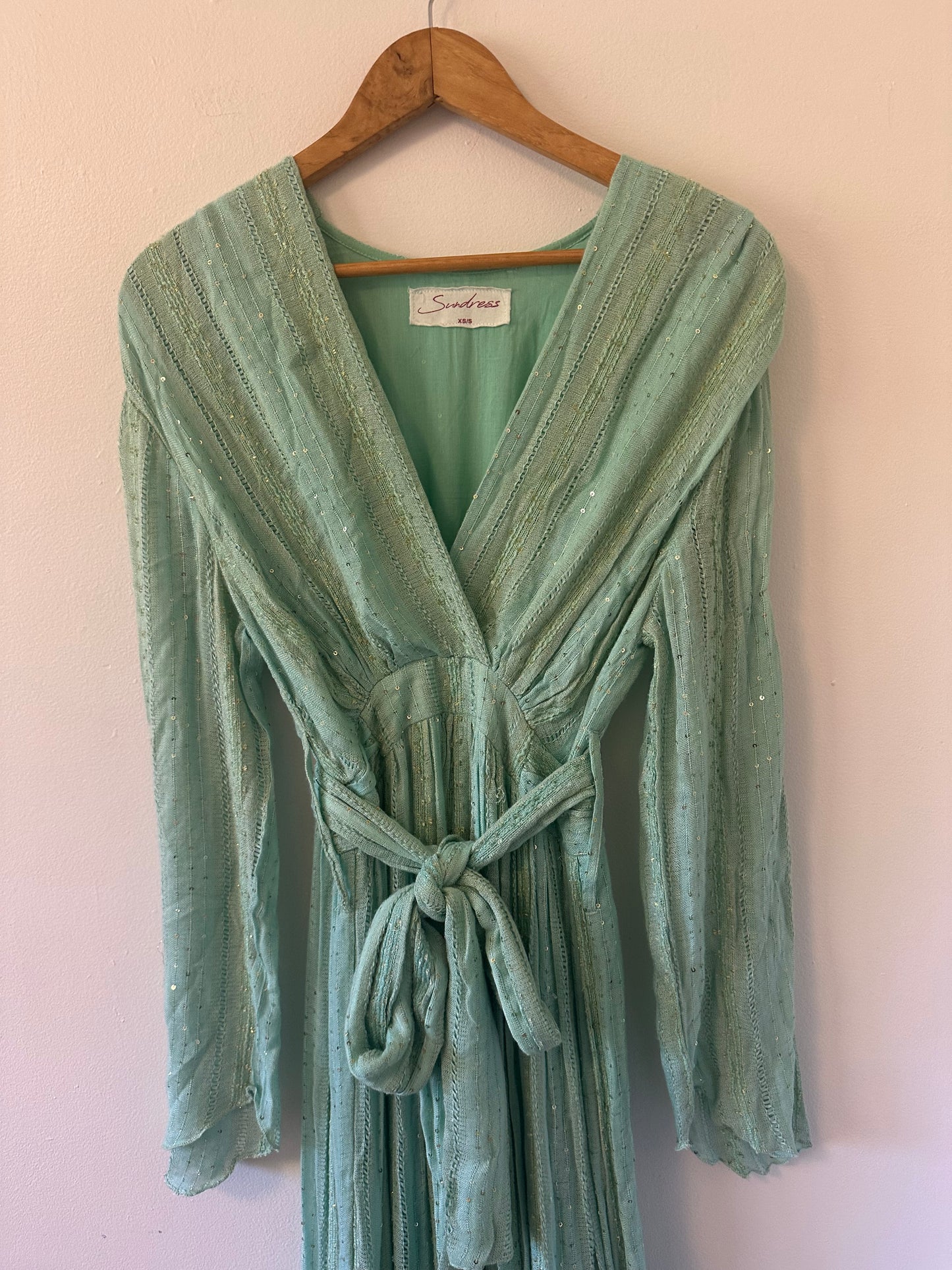 Sundress Long Sleeve Mint Green Wrap Maxi Dress | Size XS/S
