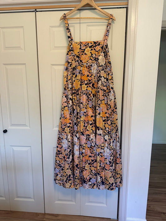 Free People Park Slope Orange and Pink Tiered Maxi Sundress Size Small