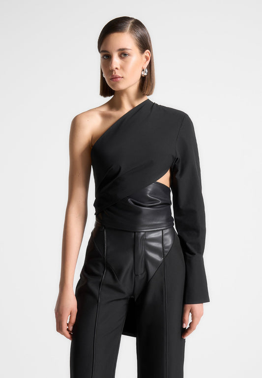 Maniere De Voir Coralie Black One-Shoulder Vegan Leather Wrap Blouse - Size 6