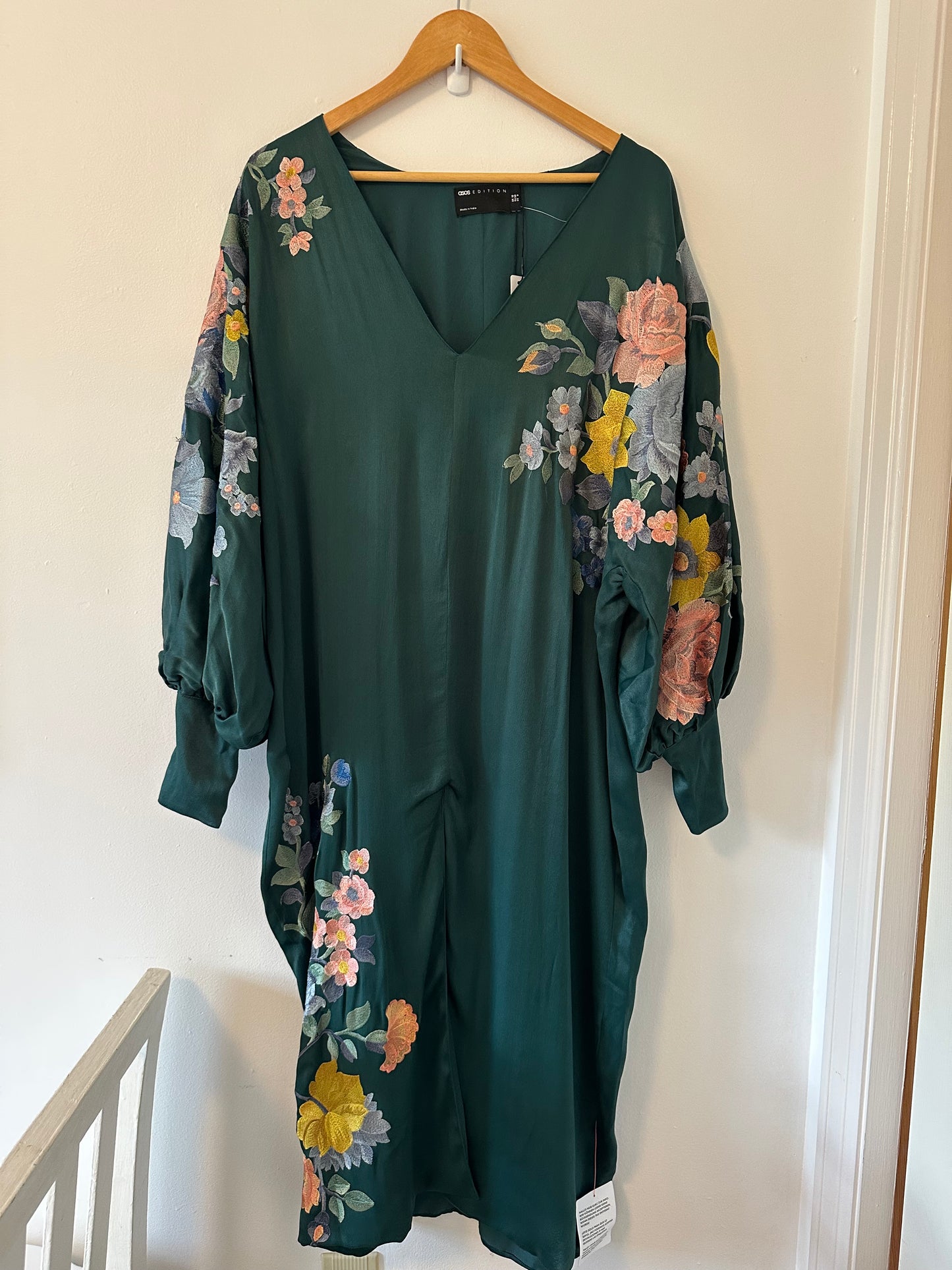 ASOS EDITION Satin Belted Dress with Floral Embroidery in Green - Size 6