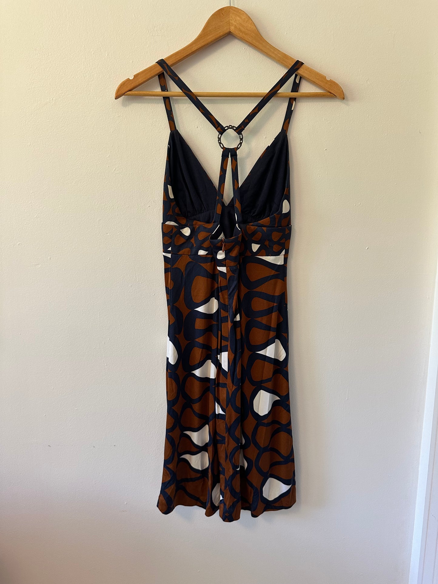Trina Turk Spaghetti Strap Silk Patterned Dress in Brown and White | Size 0